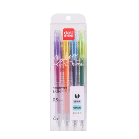 Stylo gel rétractable à changement de couleur Deli SA230, pointe 0,5 mm, lot de 4